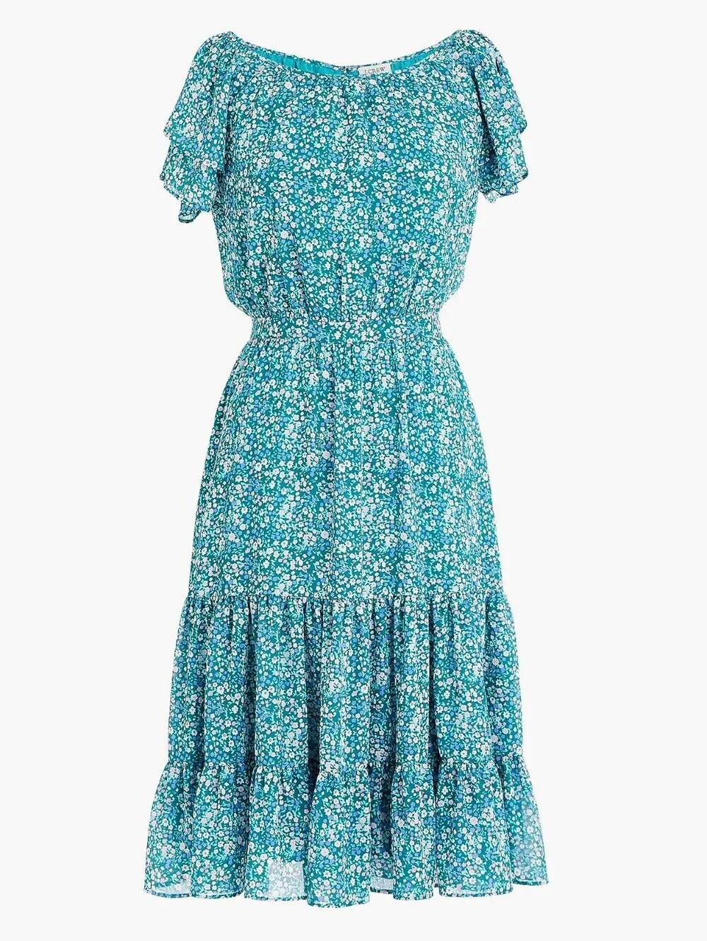 Blue Floral Tiered Midi Dress with Ruffle Sleeves